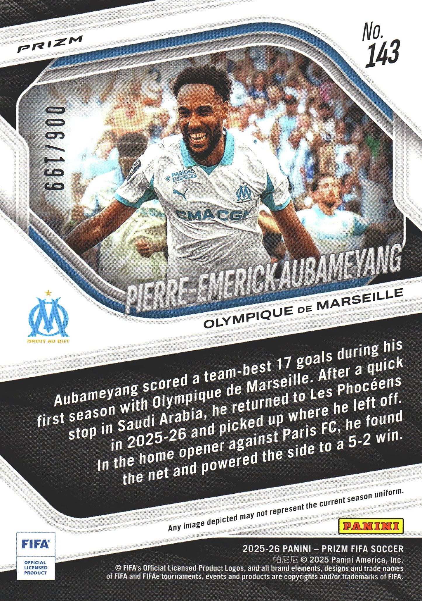 2025 Panini Prizm FIFA Blue /199 Pierre-Emerick Aubameyang #143 Marseille