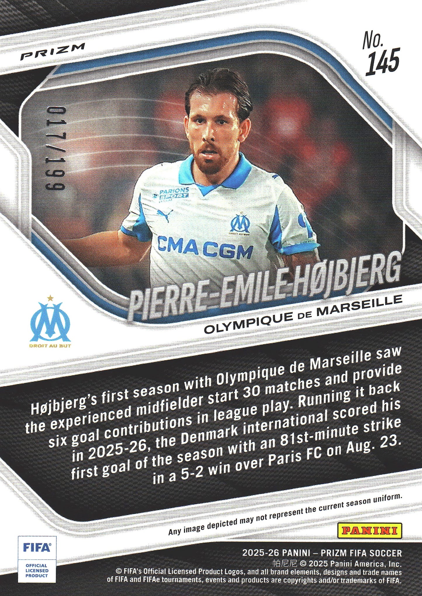 2025 Panini Prizm FIFA Blue /199 Pierre-Emile Højbjerg #145 Marseille