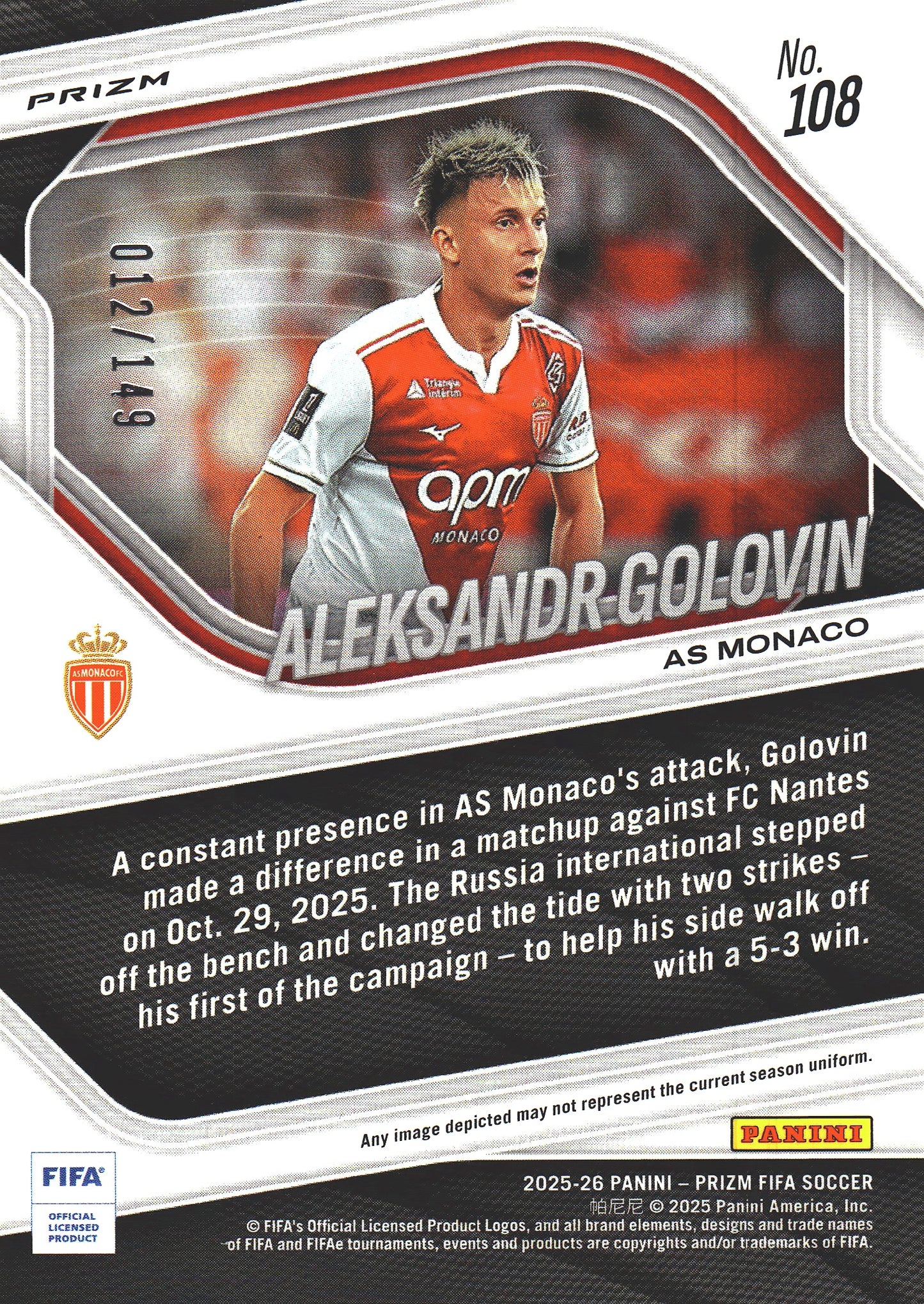 2025 Panini Prizm FIFA Red /149 Aleksandr Golovin #108 AS Monaco