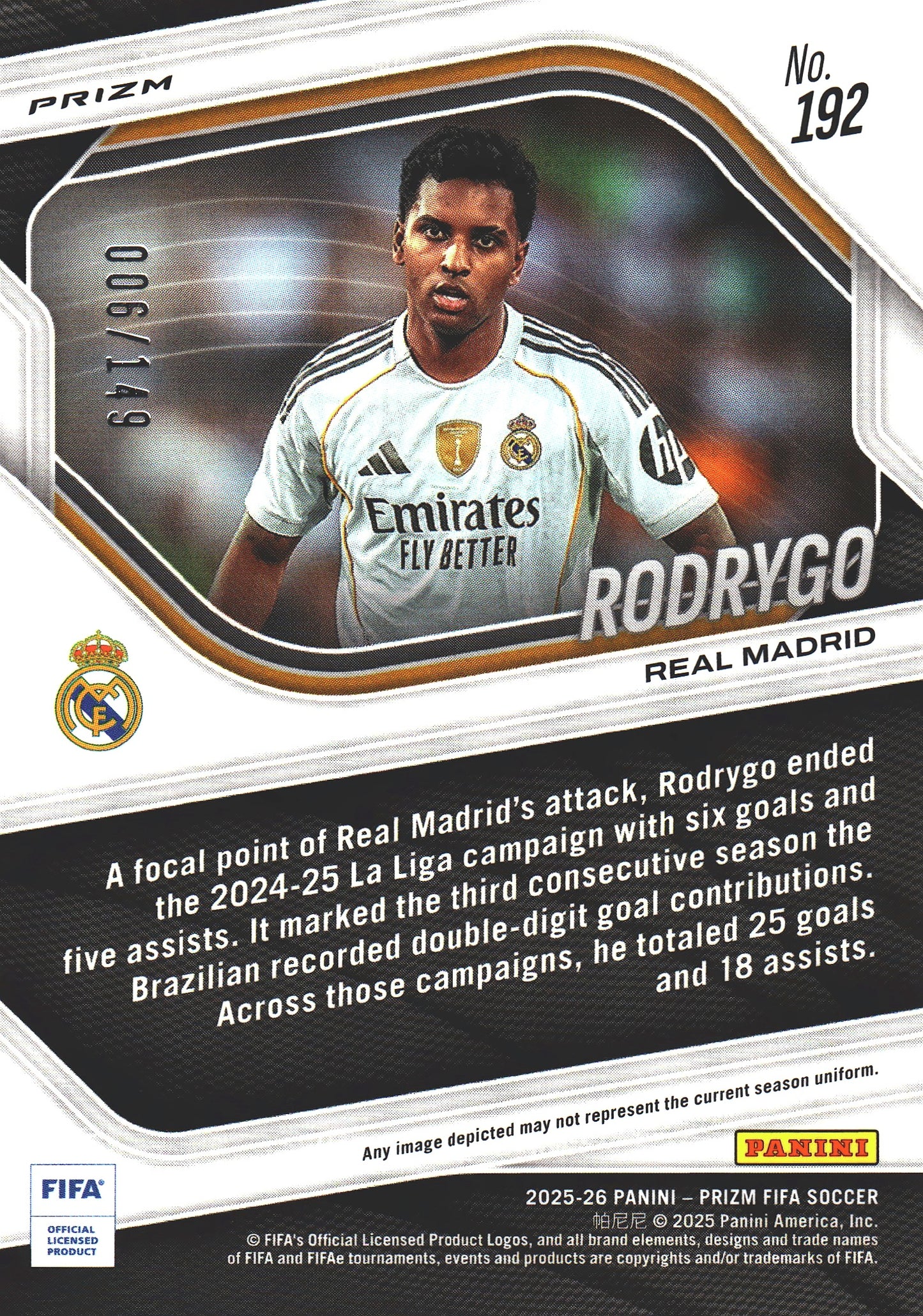 2025 Panini Prizm FIFA Red /149 Rodrygo #192 Real Madrid