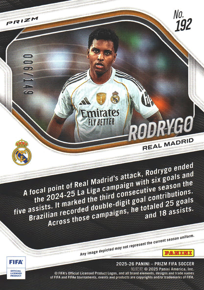 2025 Panini Prizm FIFA Red /149 Rodrygo #192 Real Madrid