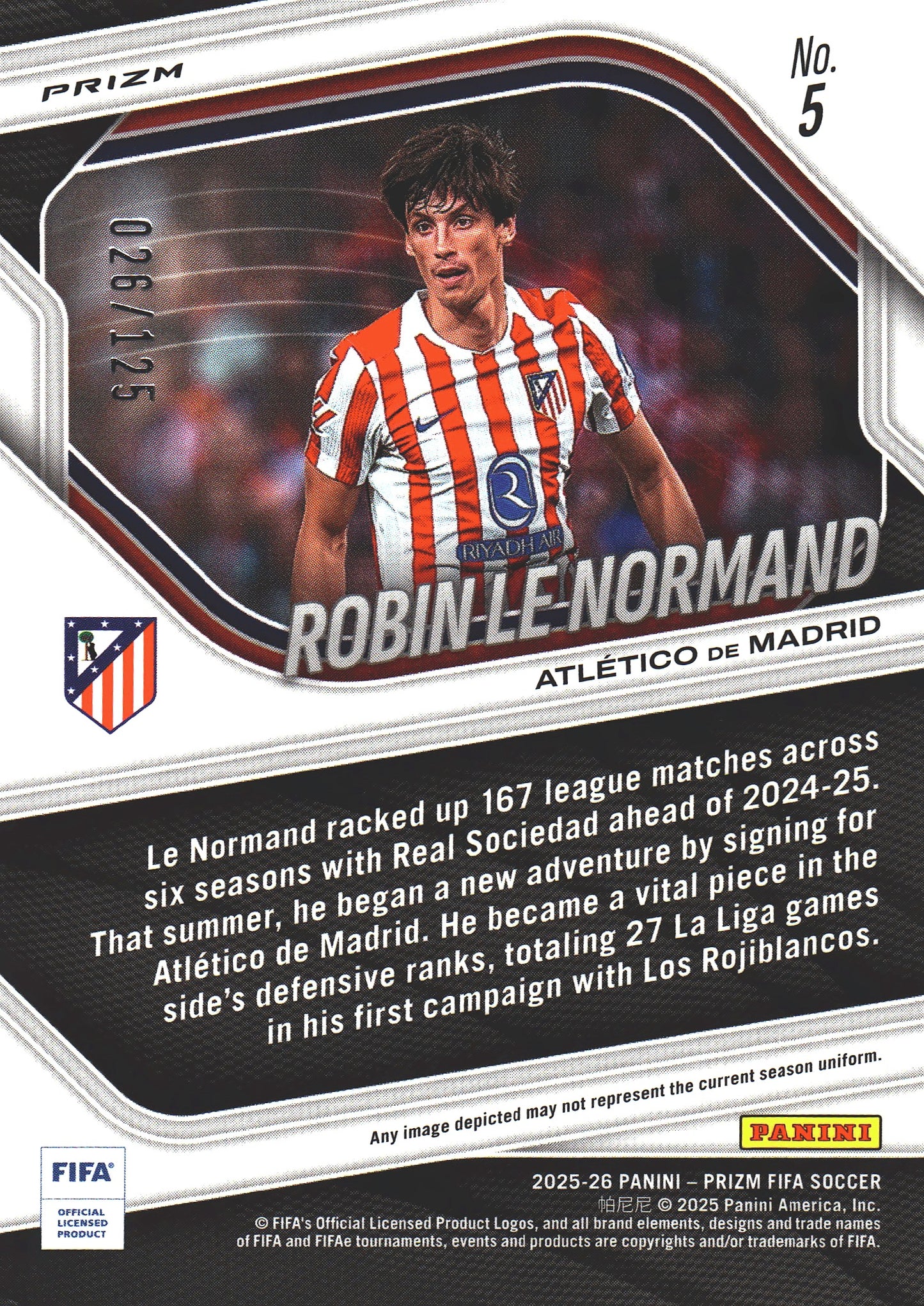 2025 Panini Prizm FIFA Orange /125 Robin Le Normand #5 Atlético de Madrid