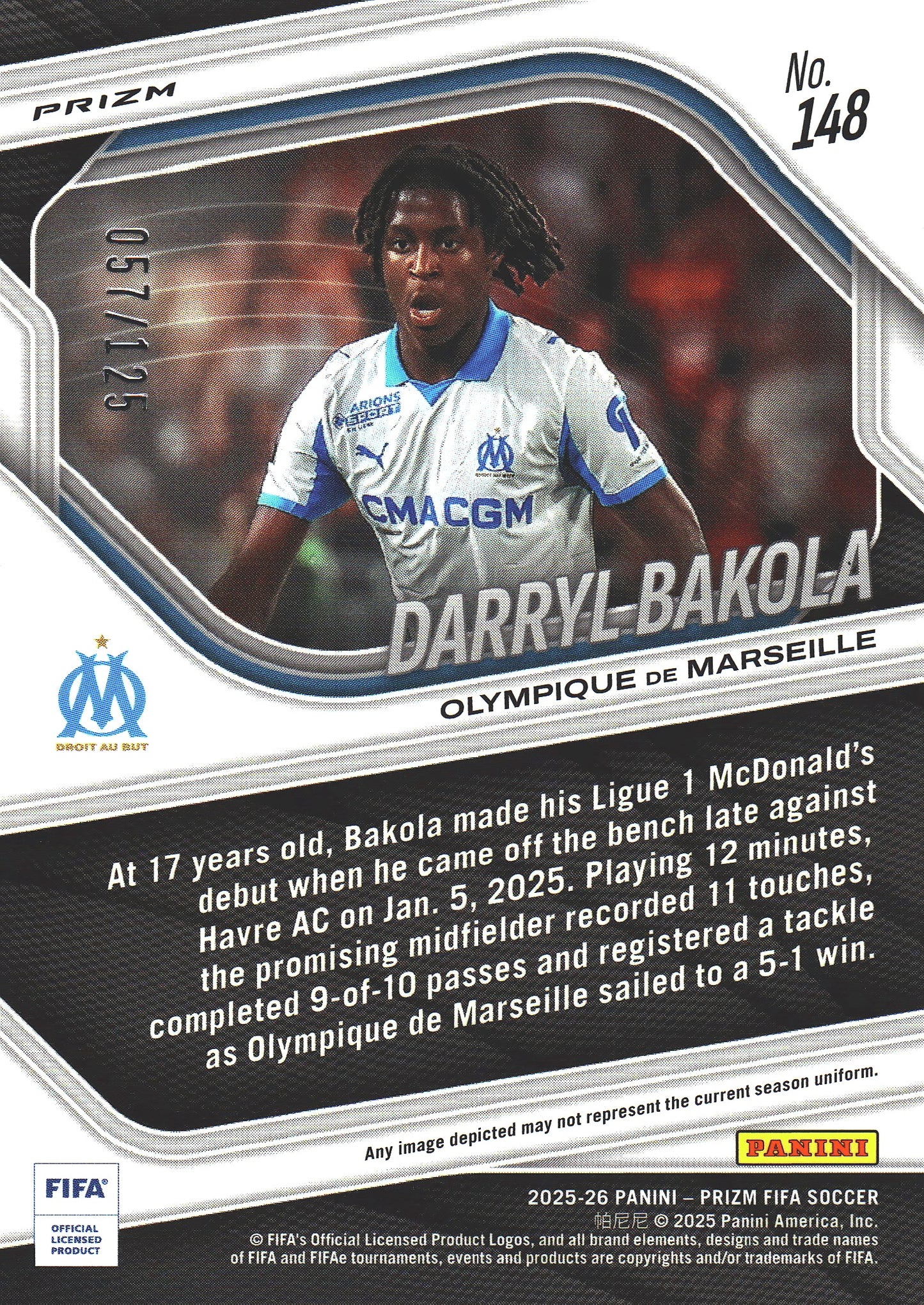 2025 Panini Prizm FIFA Orange /125 Darryl Bakola #148 Marseille