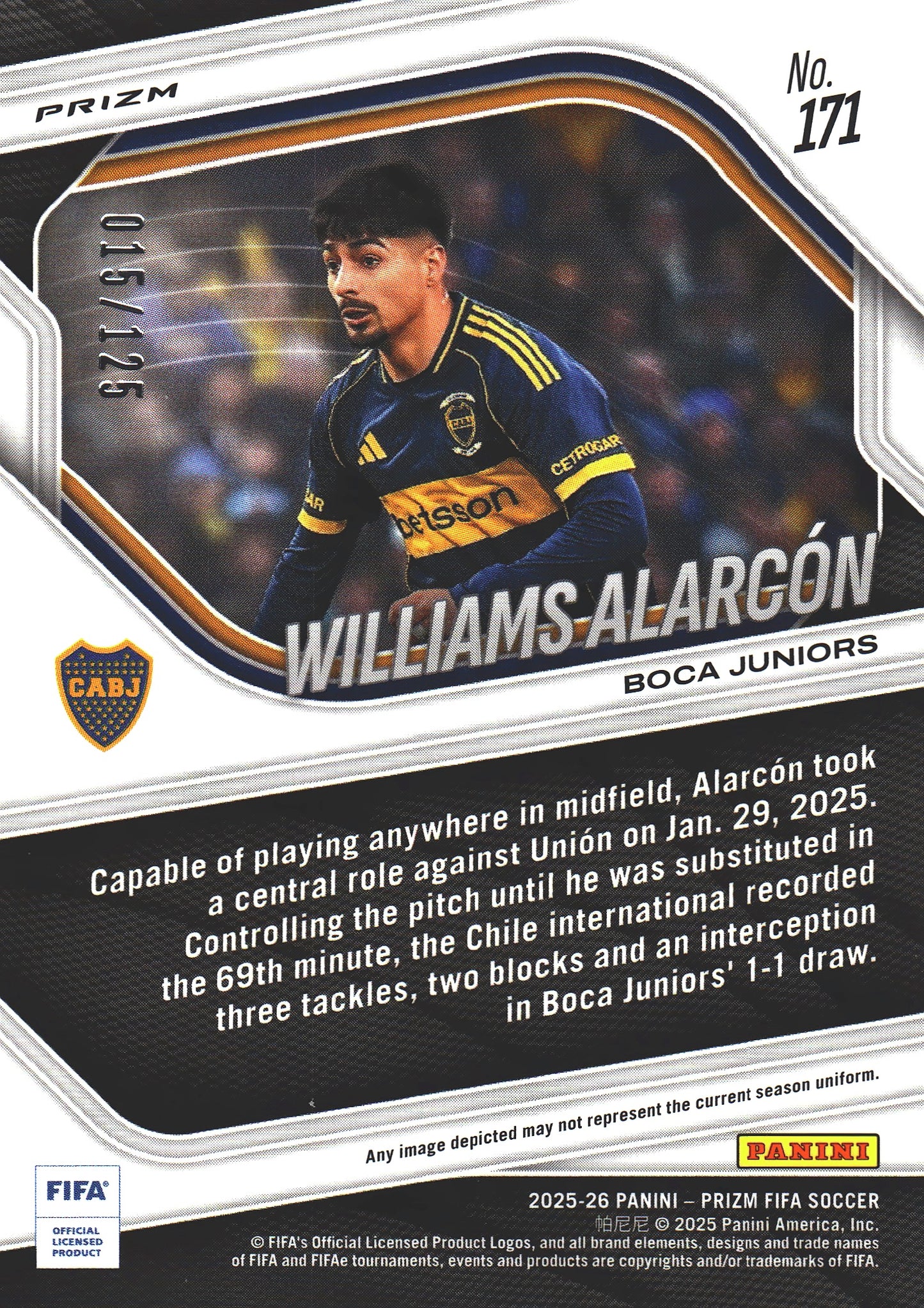 2025 Panini Prizm FIFA Orange /125 Williams Alarcón #171 Boca Juniors