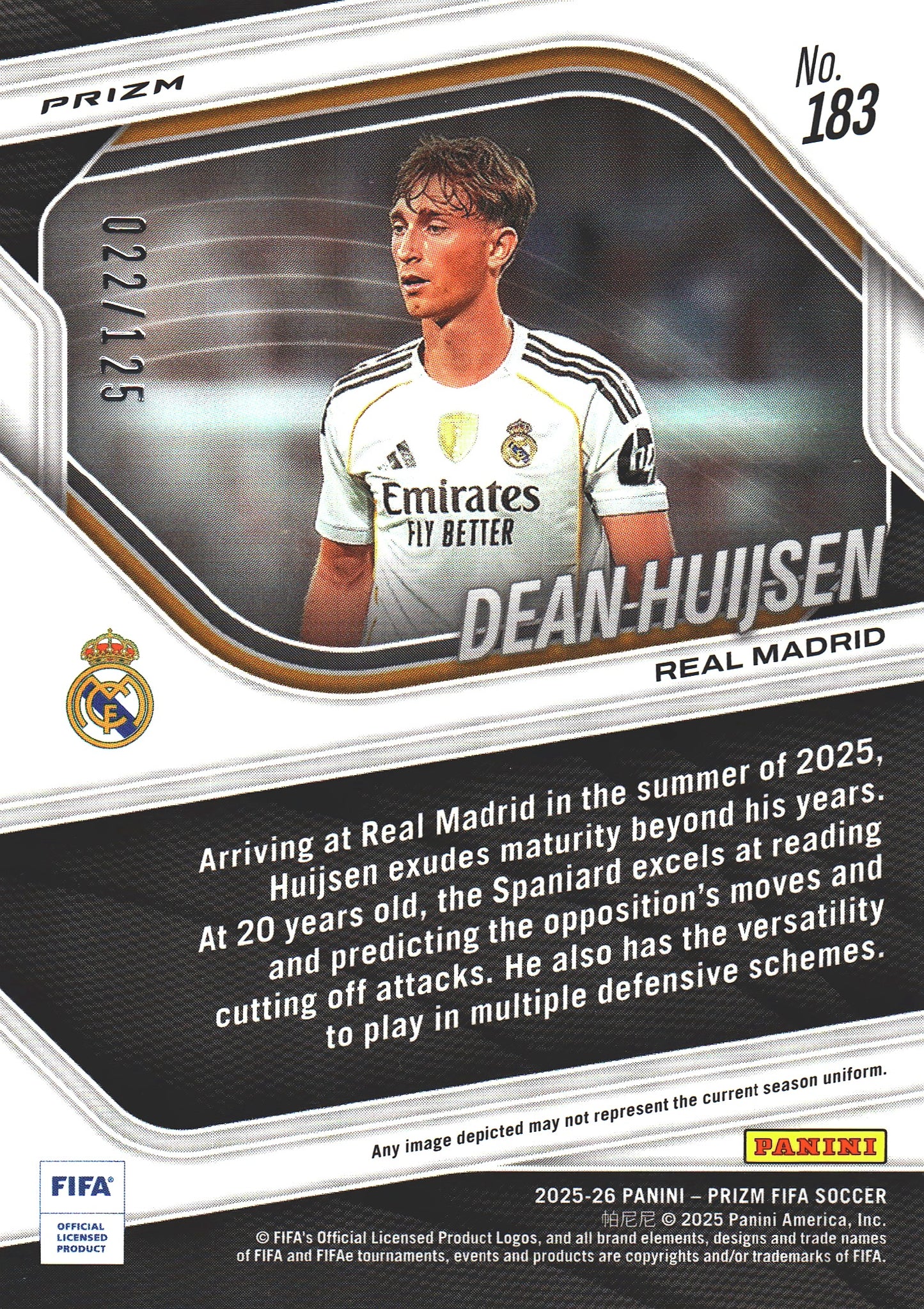 2025 Panini Prizm FIFA Orange /125 Dean Huijsen #183 Real Madrid