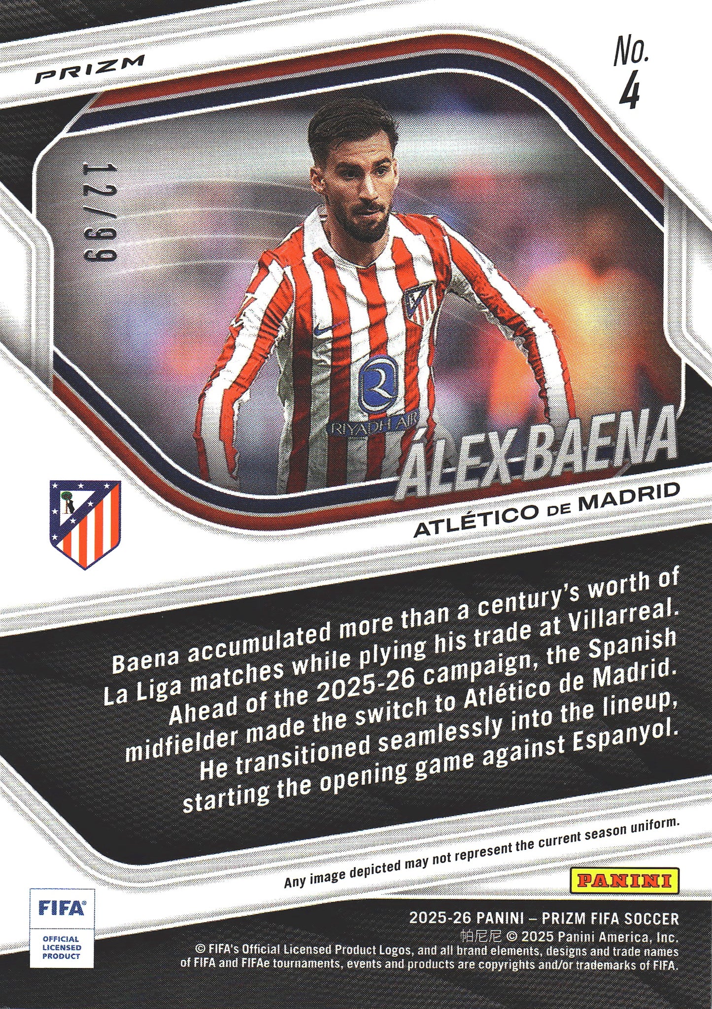 2025 Panini Prizm FIFA Aqua /99 Alex Baena #4 Atlético Madrid