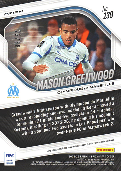 2025 Panini Prizm FIFA Red /88 Mason Greenwood #139 Marseille