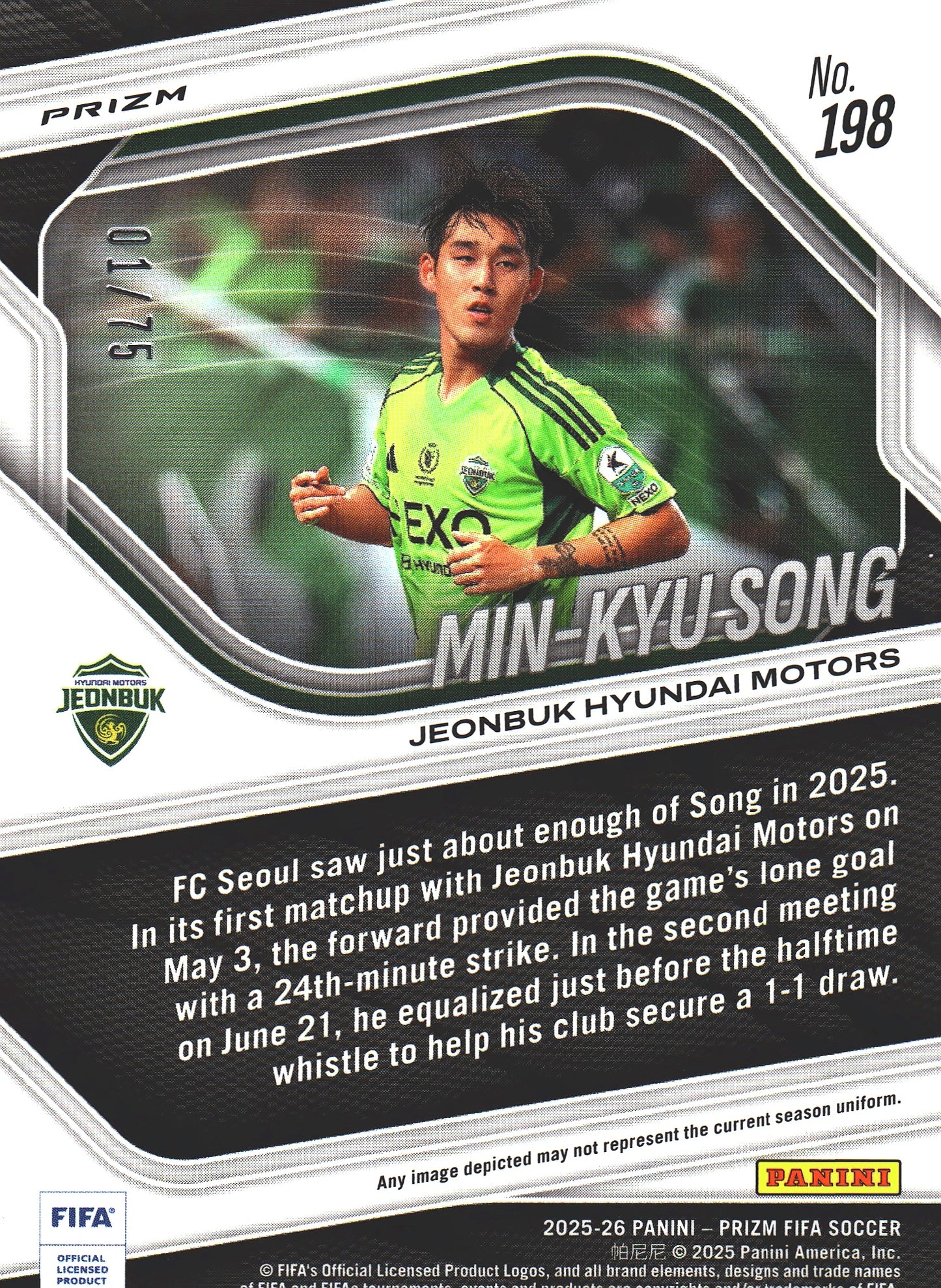 2025 Panini Prizm FIFA Pink /75 Min-kyu Song #198 Jeonbuk Hyundai Motors FC