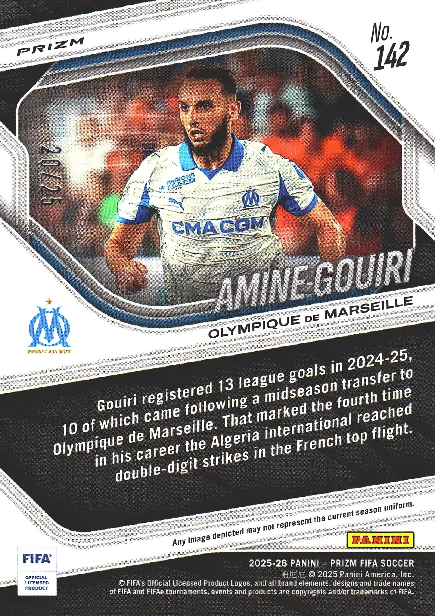 2025 Panini Prizm FIFA White /25 Amine Gouiri #142 Marseille