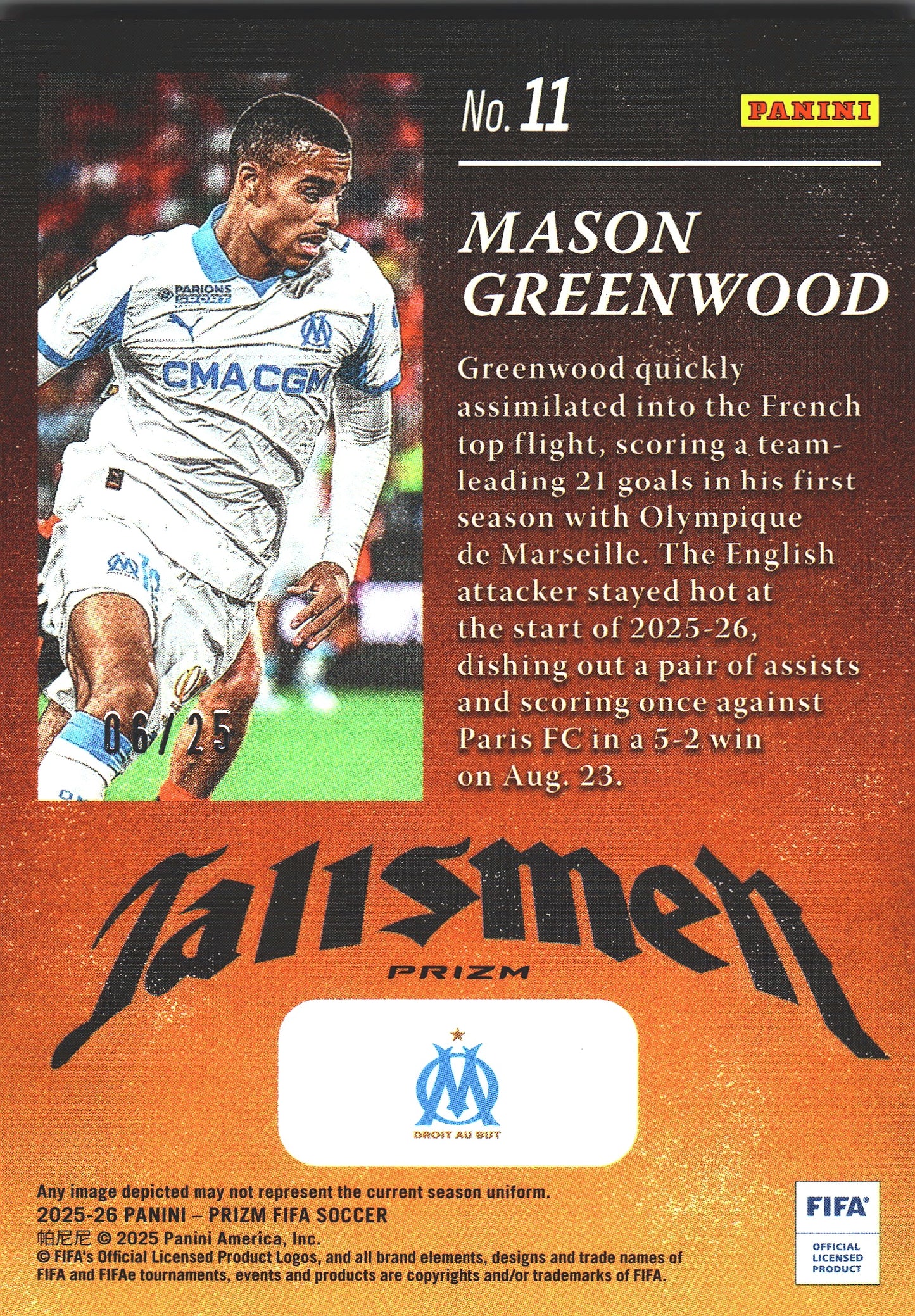 2025 Panini Prizm FIFA Talisman /25 Mason Greenwood #11 Marseille