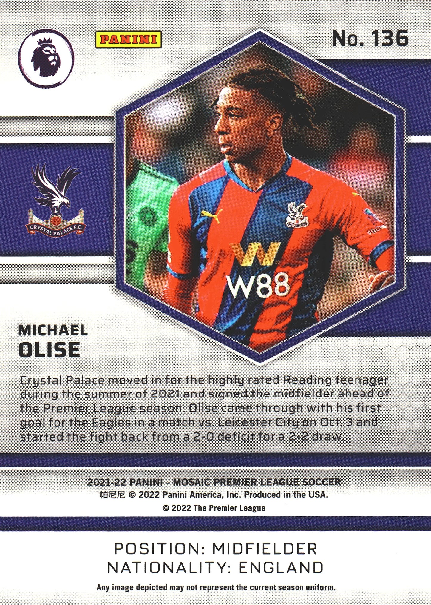 2021 Panini Mosaic Premier League RC Michael Olise #136 Crystal Palace