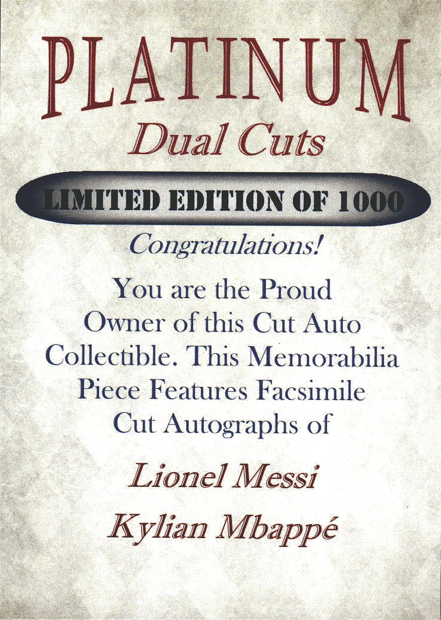 2022 Platinum Cuts Kylian Mbappé / Lionel Messi (FACSIMILE) /1000 Paris Saint-Germain