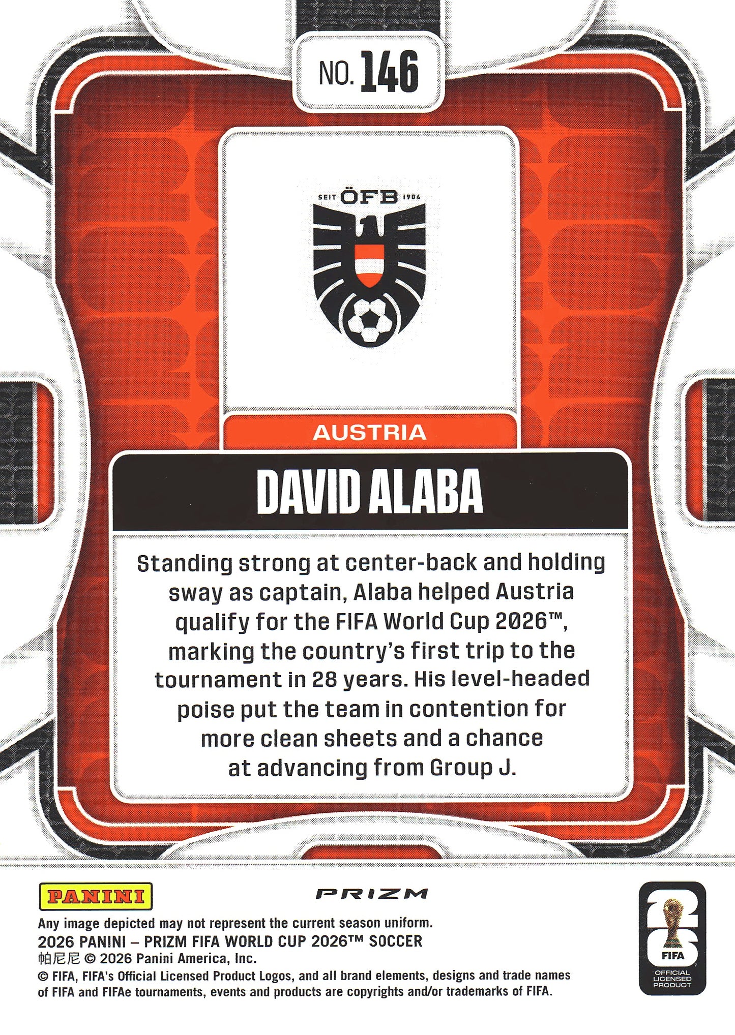 2026 Panini Prizm World Cup Hyper David Alaba #146 Autriche