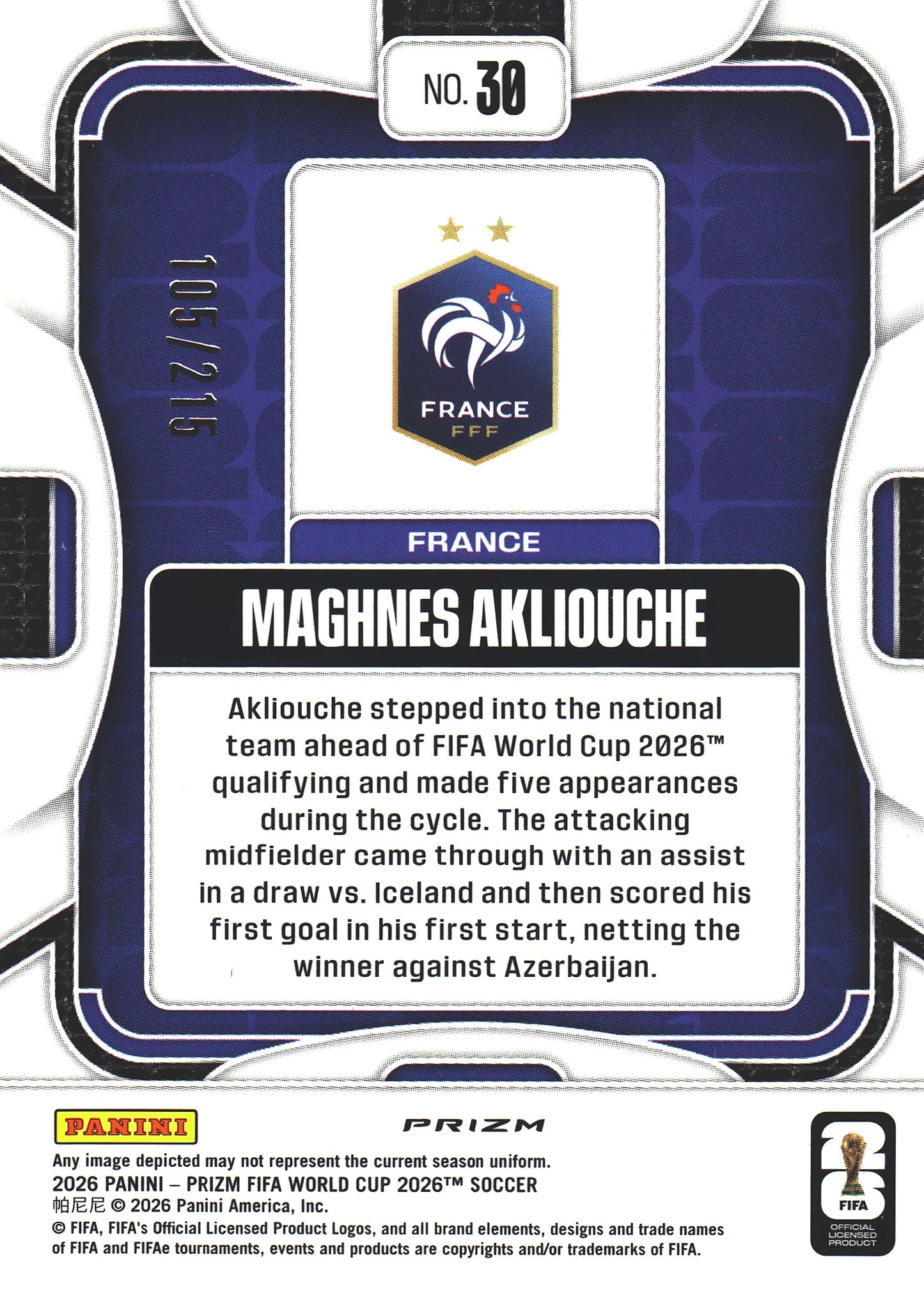 2026 Panini Prizm World Cup Orange Pandora /215 Maghnes Akliouche #30 France