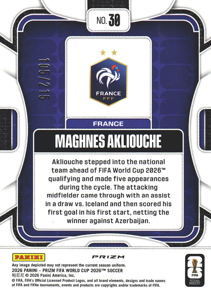 2026 Panini Prizm World Cup Orange Pandora /215 Maghnes Akliouche #30 France