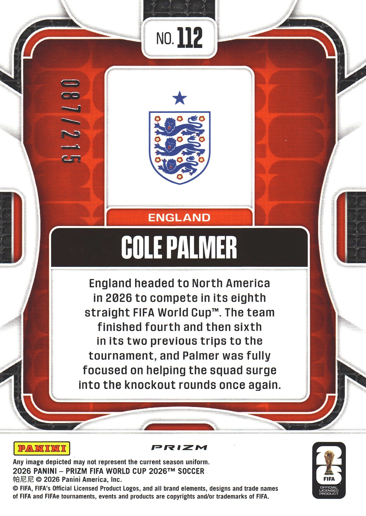 2026 Panini Prizm World Cup Orange Pandora /215 Cole Palmer #112 Angleterre