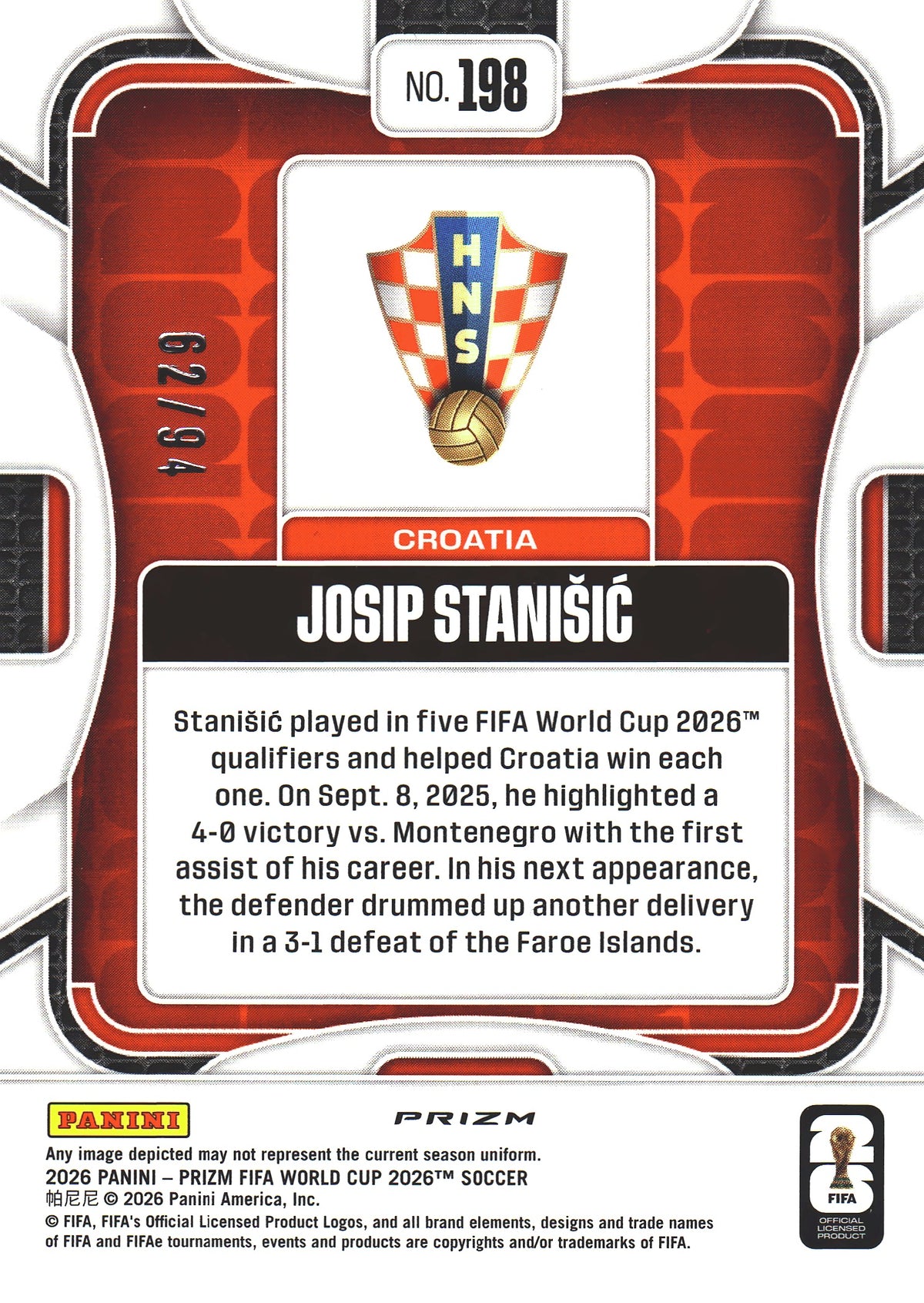 2026 Panini Prizm World Cup Old Glory /94 Josip Stanisic #198 Croatie