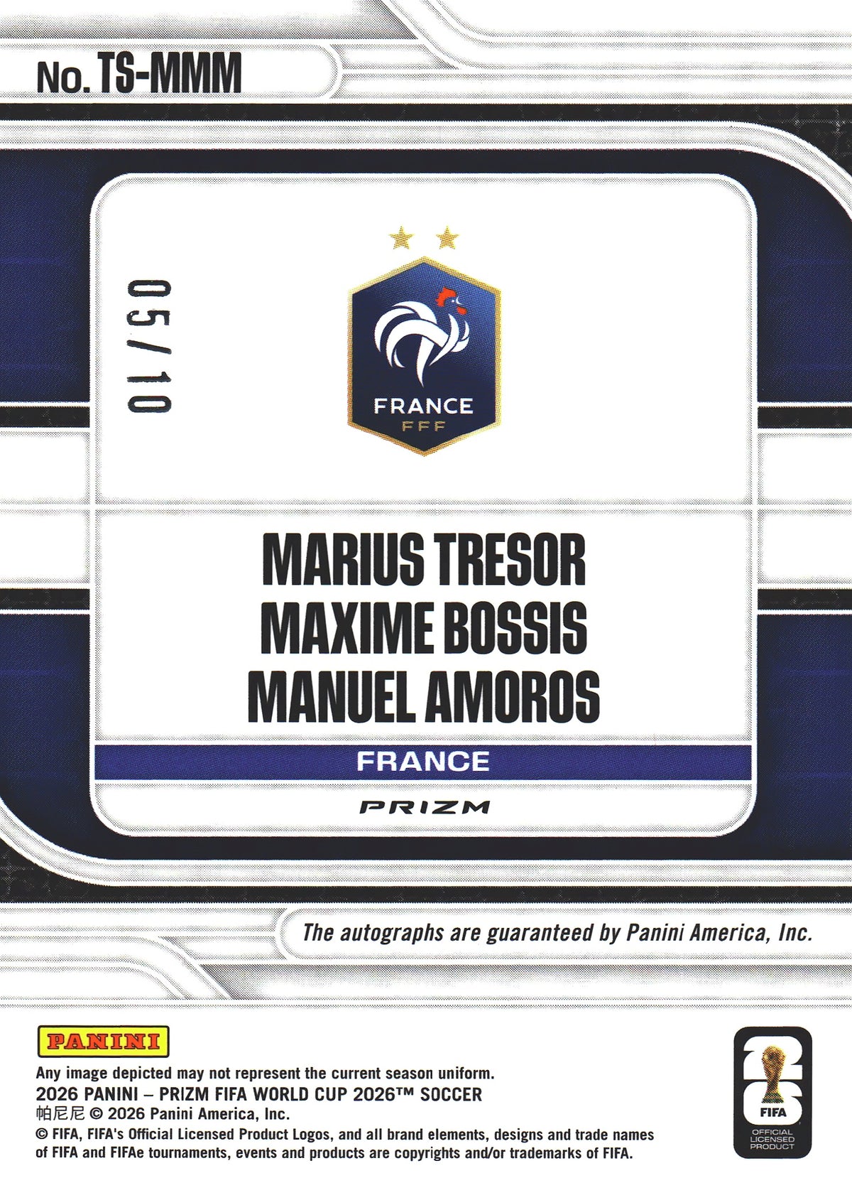 2026 Panini Prizm World Cup Triple Auto Gold /10 Trésor / Bossis / Amoros #TS-MMM France