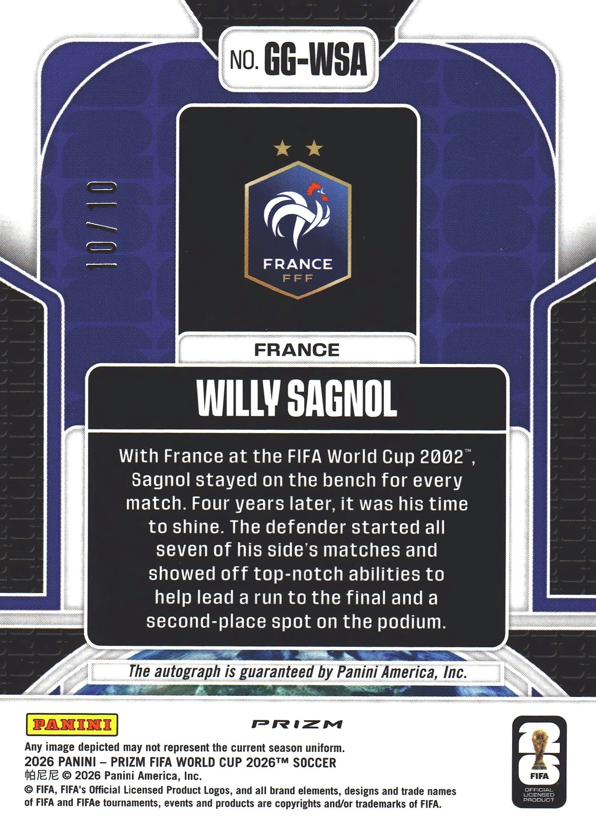 2026 Panini Prizm World Cup Global Graphs Auto /10 Willy Sagnol France