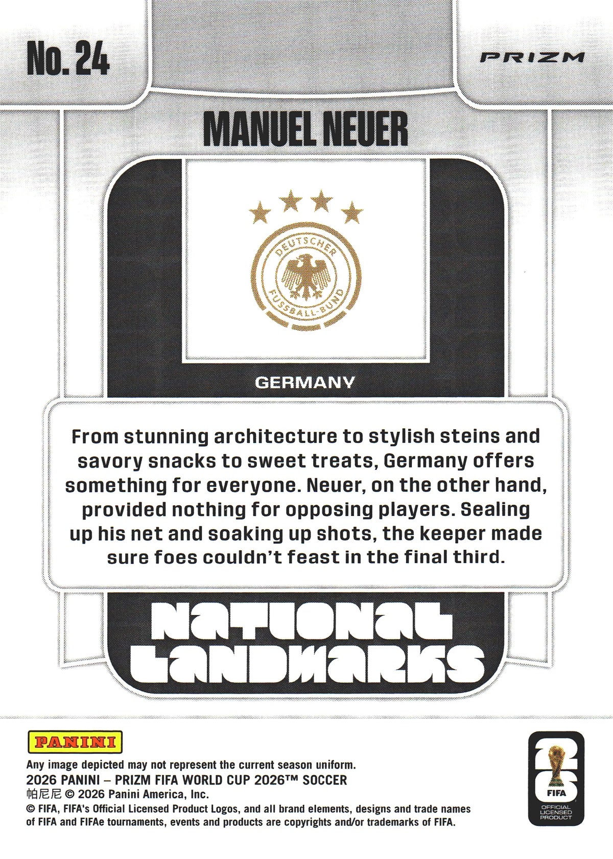 2026 Panini Prizm World Cup National Landmarks Manuel Neuer #24 Allemagne