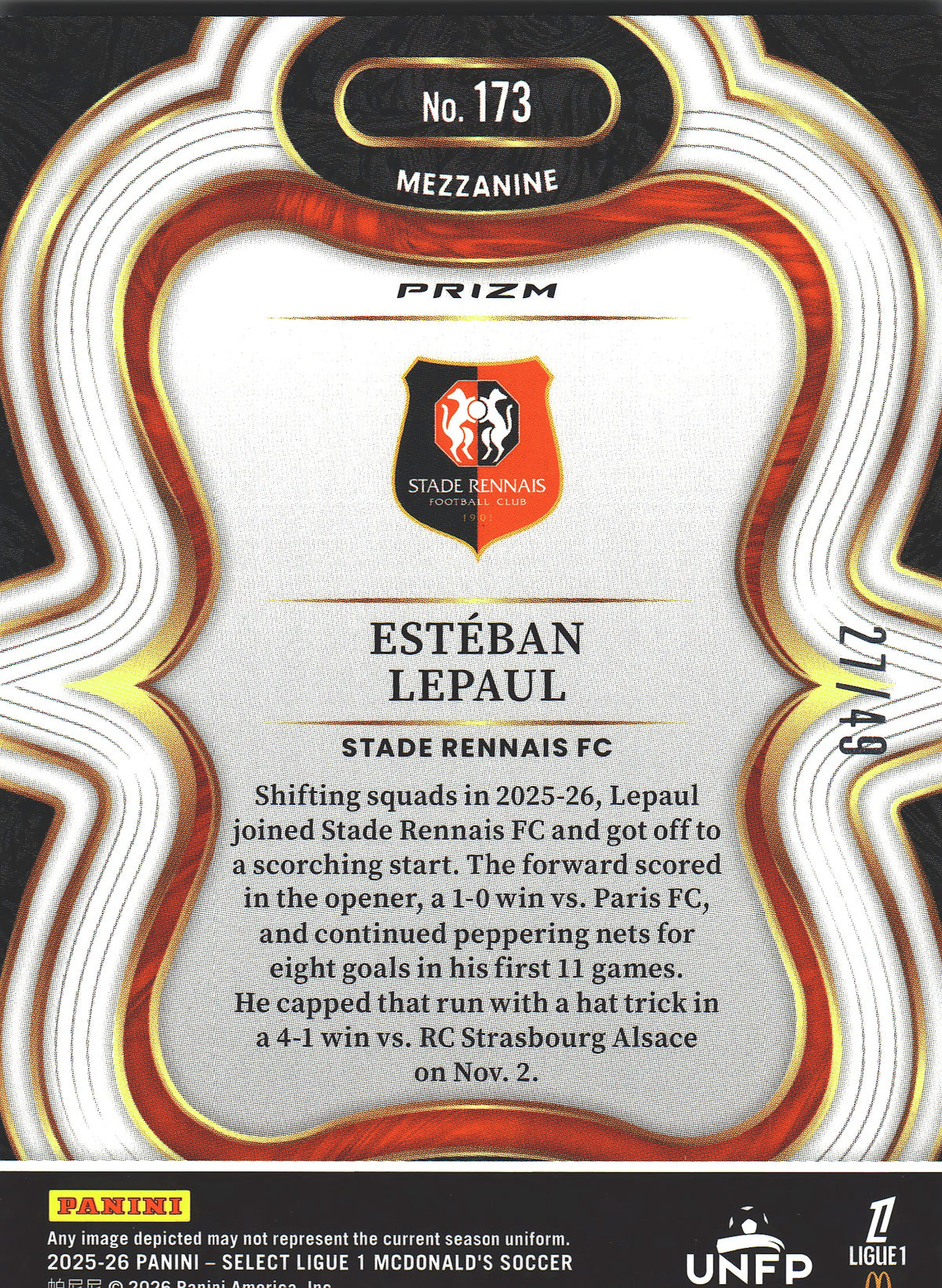 2025 Panini Select Ligue 1 Purple /49 Esteban Lepaul #173 Stade Rennais