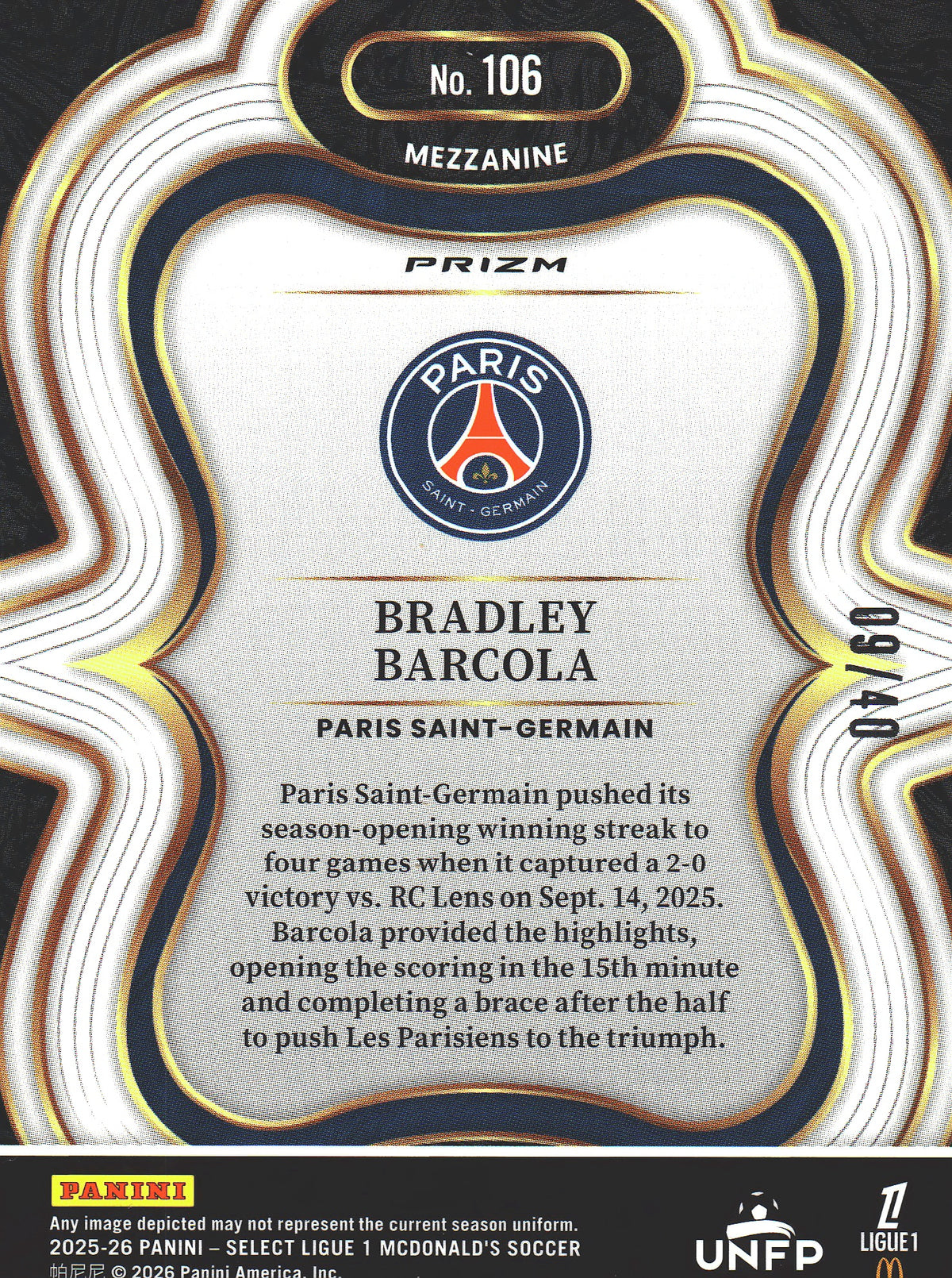 2025 Panini Select Ligue 1 Blue /40 Bradley Barcola #106 PSG