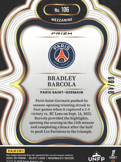 2025 Panini Select Ligue 1 Blue /40 Bradley Barcola #106 PSG