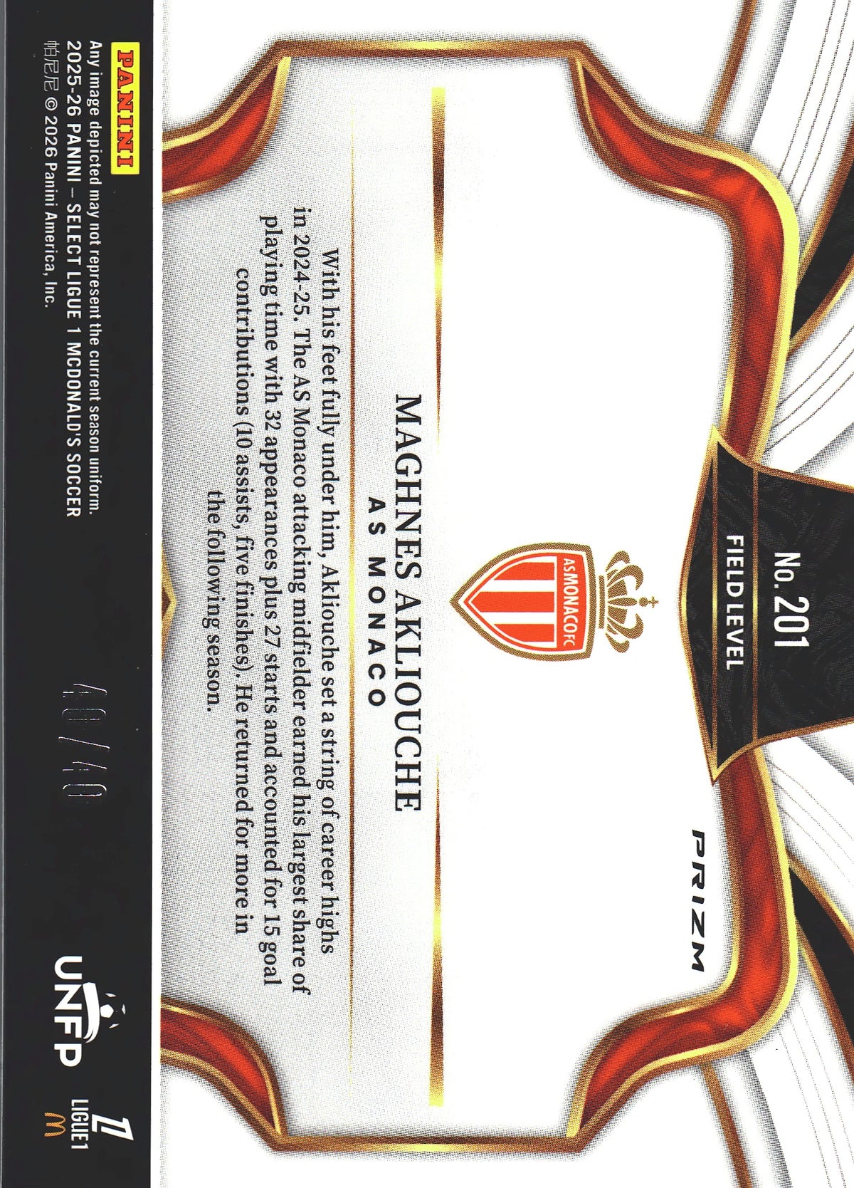 2025 Panini Select Ligue 1 Blue /40 Maghnes Akliouche #201 AS Monaco