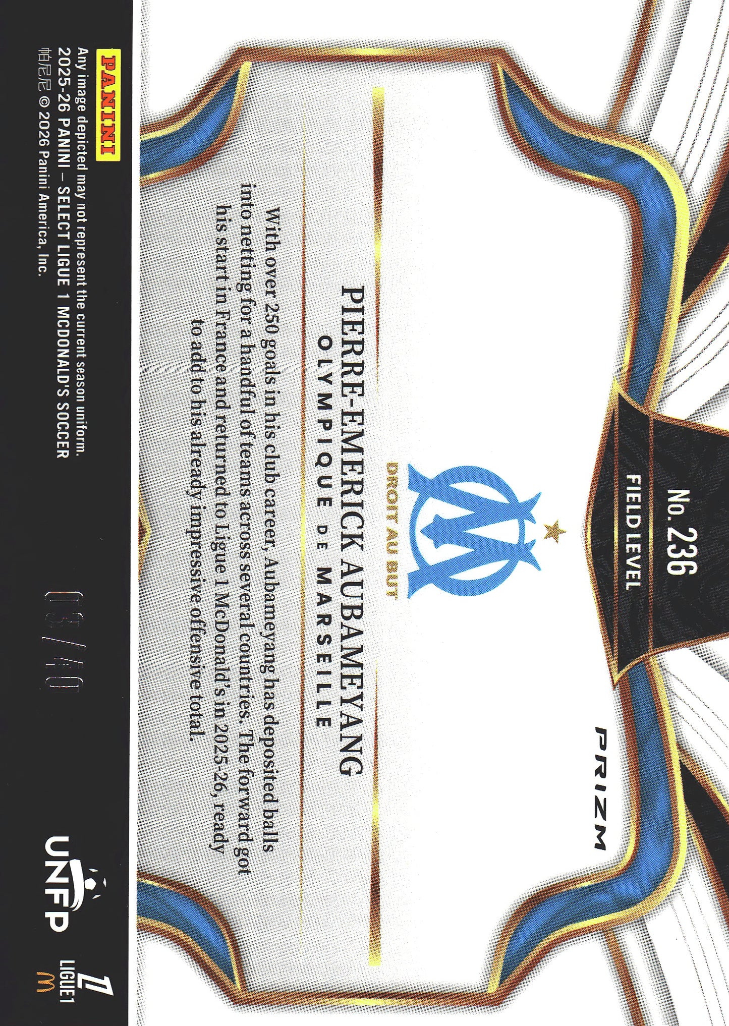 2025 Panini Select Ligue 1 Blue /40 Pierre-Emerick Aubameyang #236 Marseille