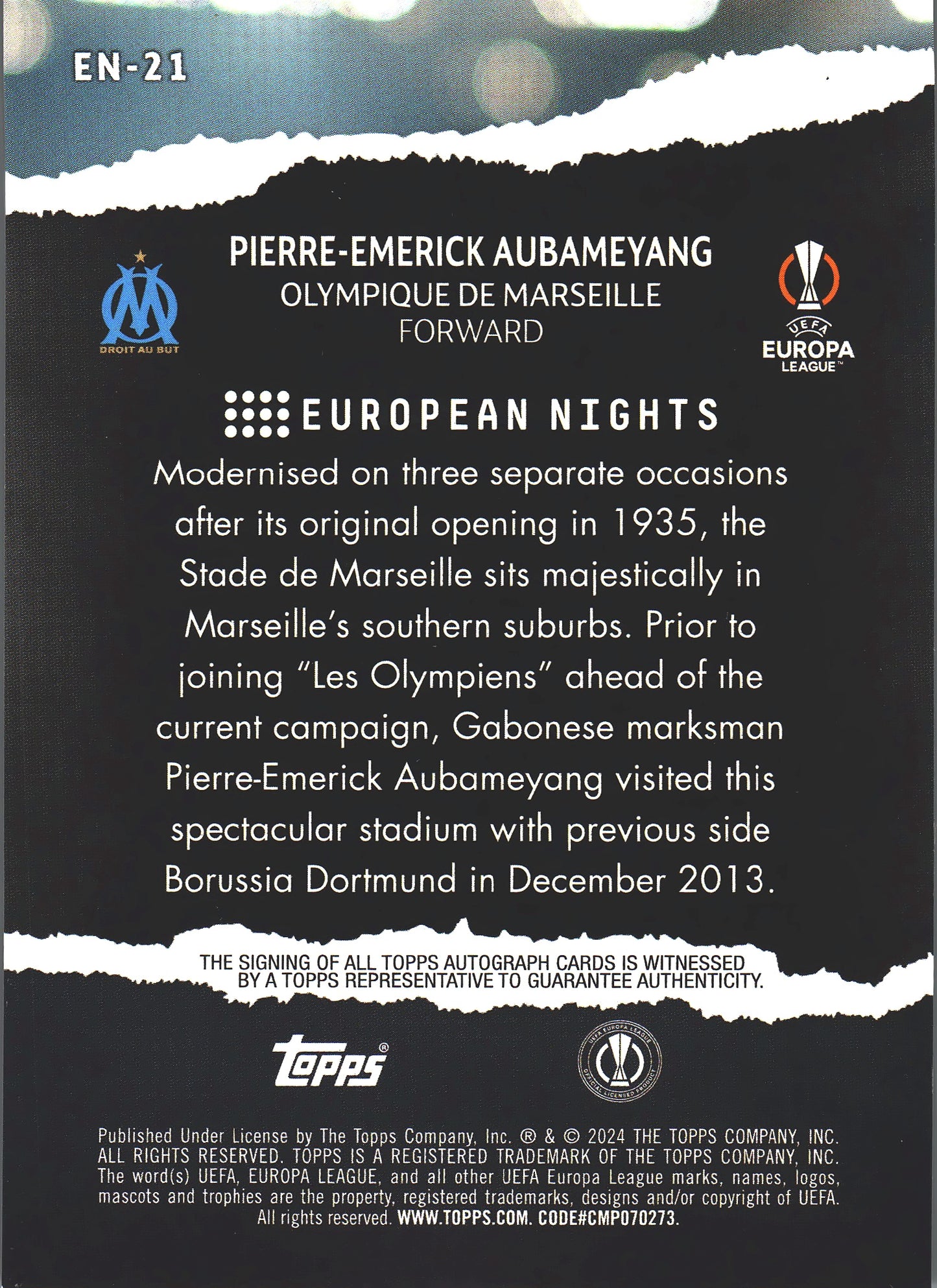 2023 Topps UCC Auto Pierre-Emerick Aubameyang European Nights #EN-21 Marseille