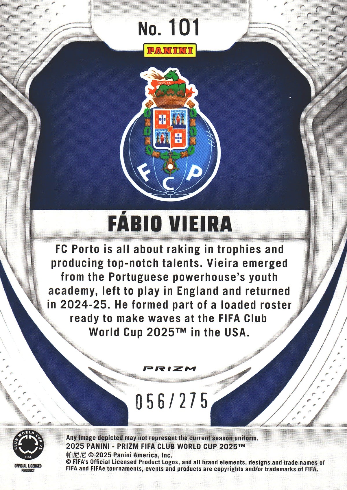 2025 Panini Prizm Club World Cup Fabio Vieira Blue /275 #101 FC Porto