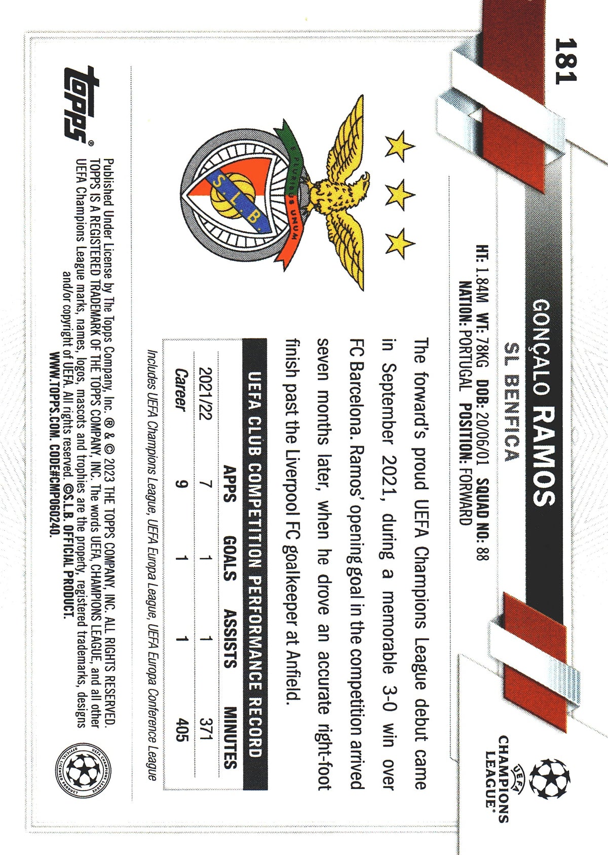 2022 Topps Chrome UCC Heroes SP Gonçalo Ramos #181 SL Benfica