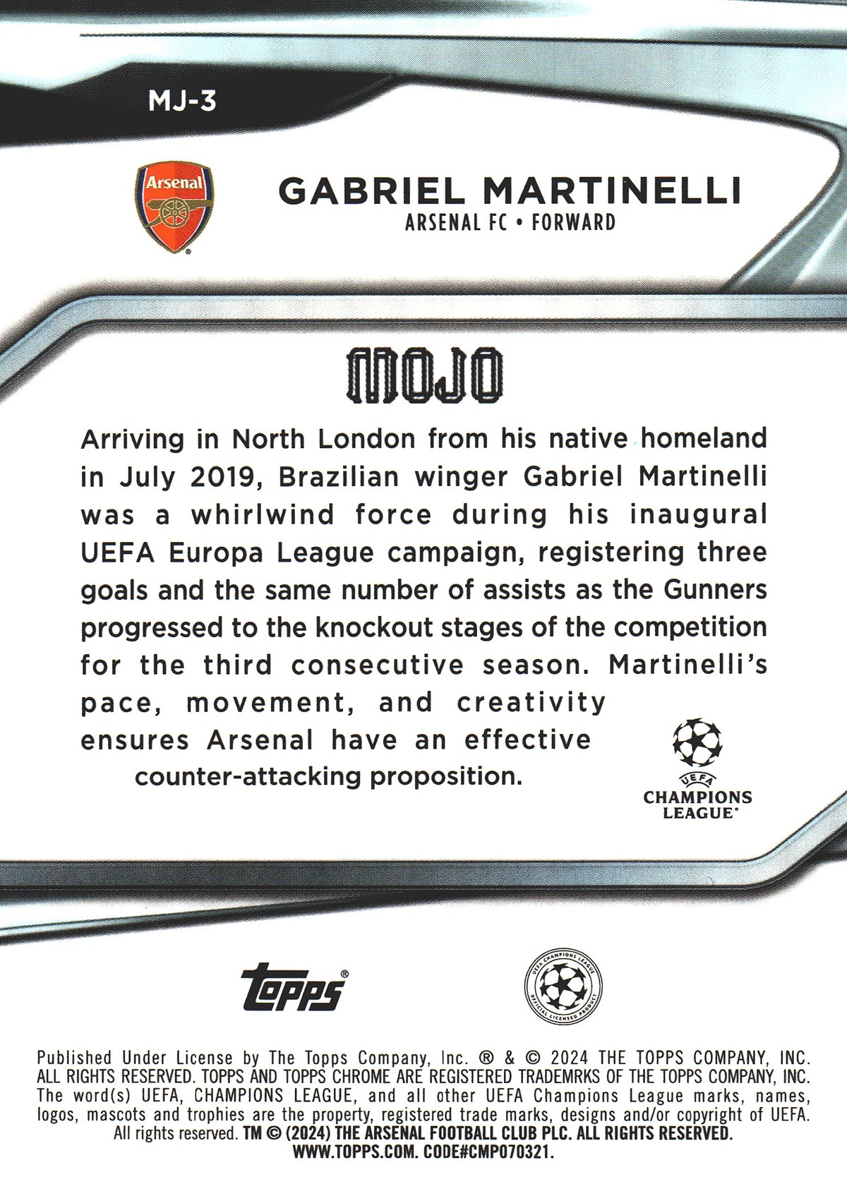 2023 Topps Chrome UCC Mojo Case Hit Gabriel Martinelli #MJ-3 Arsenal