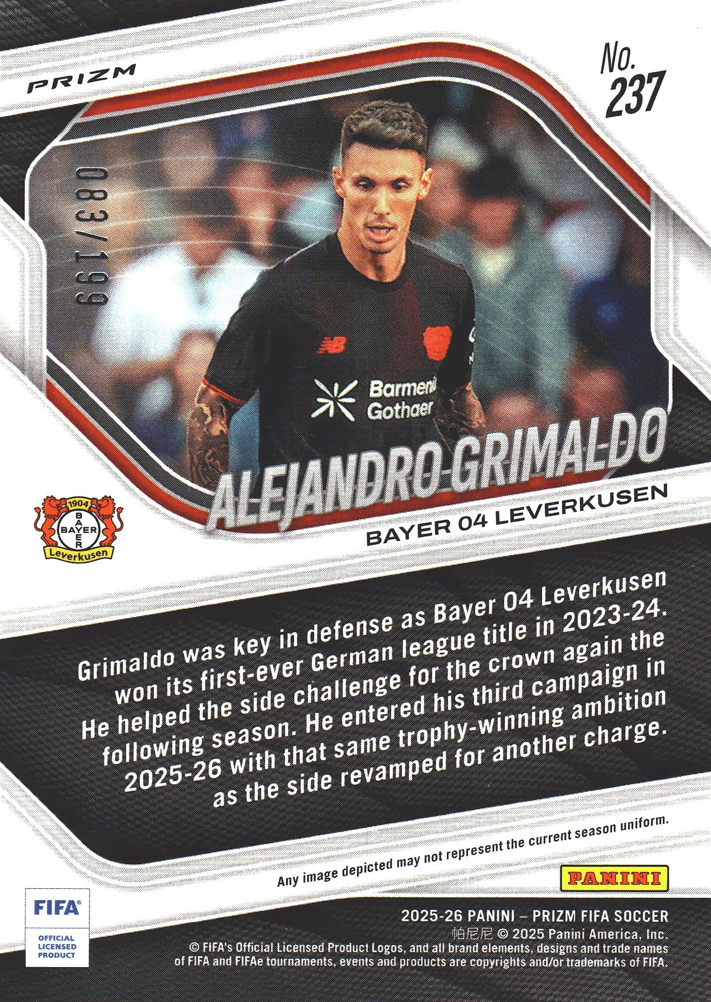 2025 Panini Prizm FIFA Blue /199 Alejandro Grimaldo #237 Bayer Leverkusen