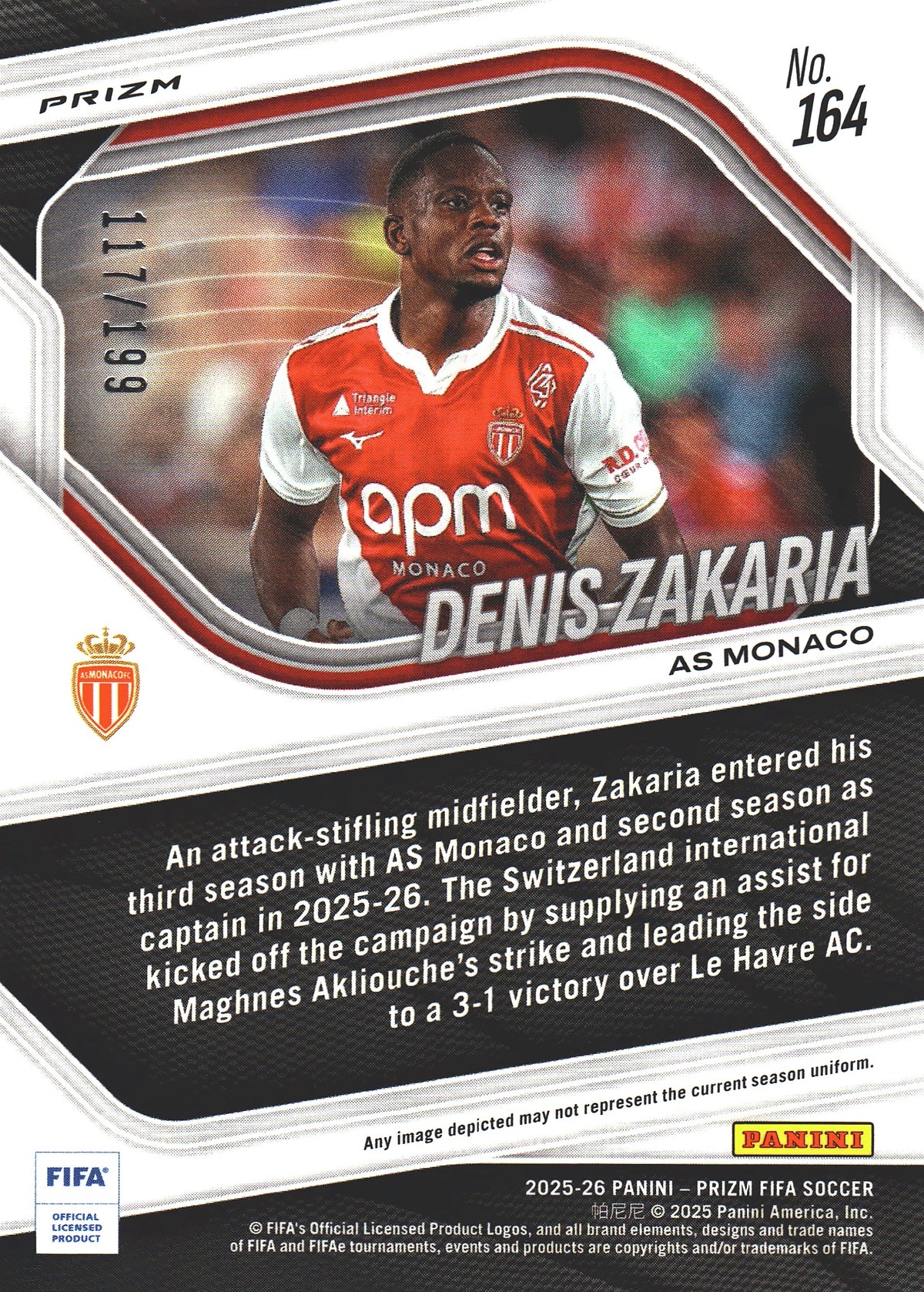 2025 Panini Prizm FIFA Blue /199 Denis Zakaria #164 Monaco