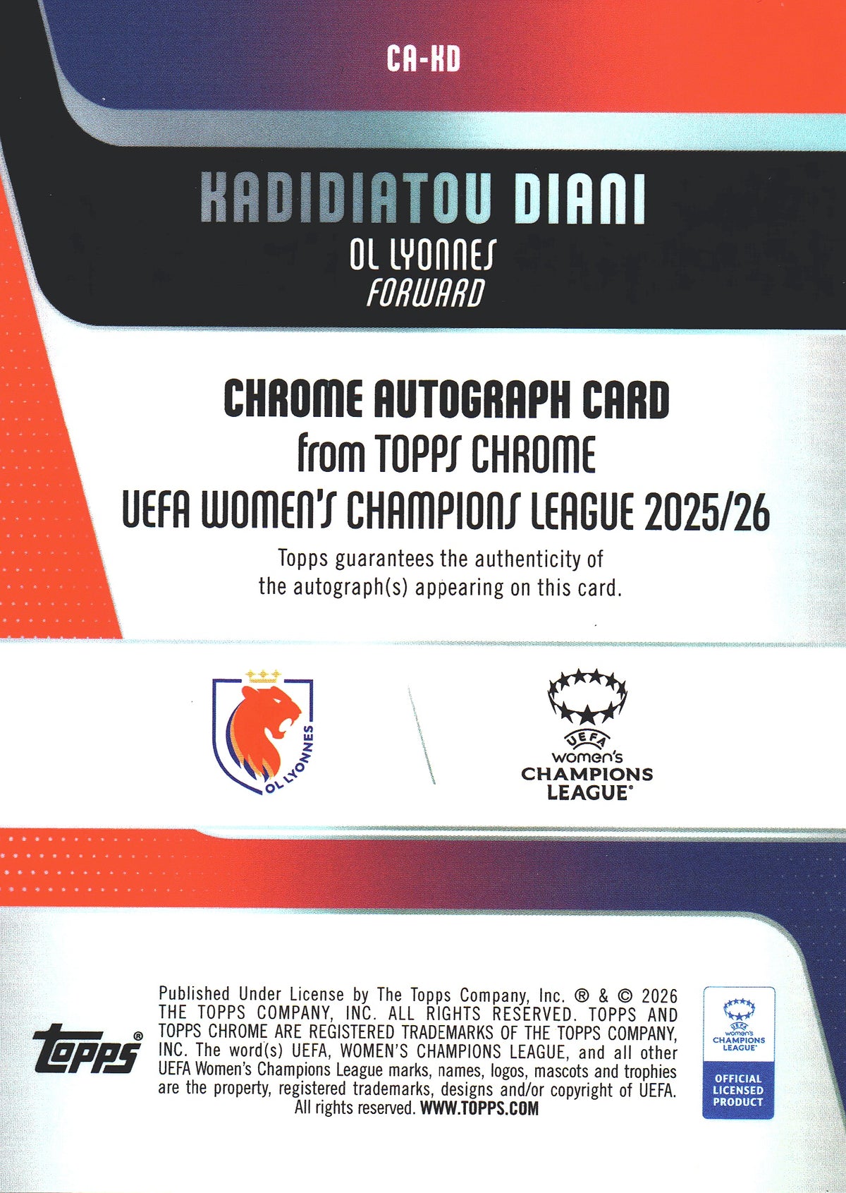 2025 Topps Chrome UCC Women Auto Kadidiatou Diani #CA-KD Lyon