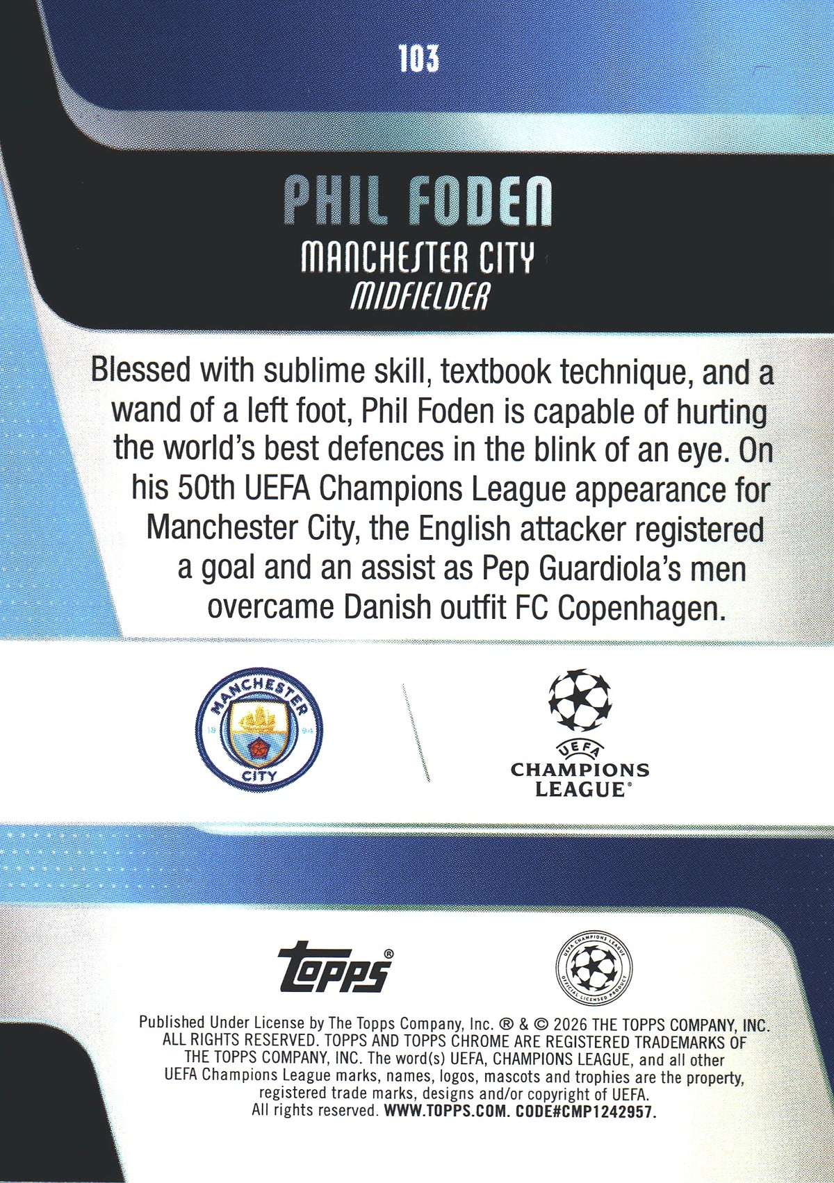 2025 Topps Chrome UCC Negative Phil Foden #103 Manchester City