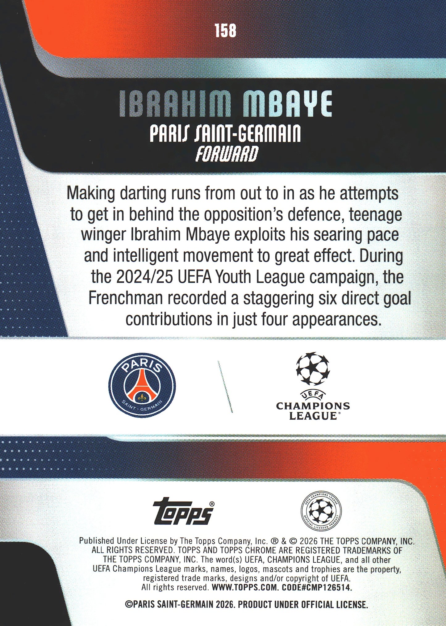 2025 Topps Chrome UCC Aqua /199 Ibrahim Mbaye #158 PSG