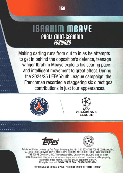 2025 Topps Chrome UCC Aqua /199 Ibrahim Mbaye #158 PSG