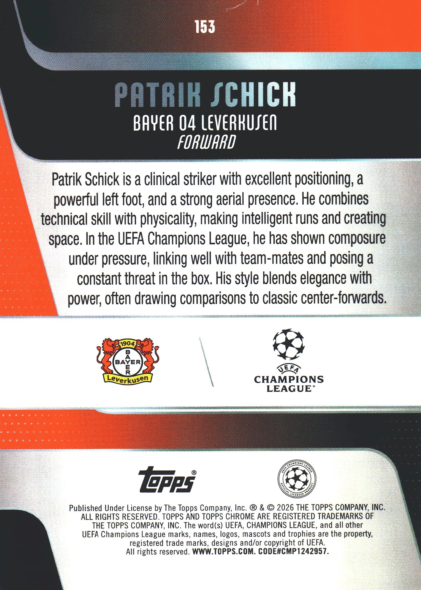 2025 Topps Chrome UCC Aqua /199 Patrik Schick #153 Bayer Leverkusen