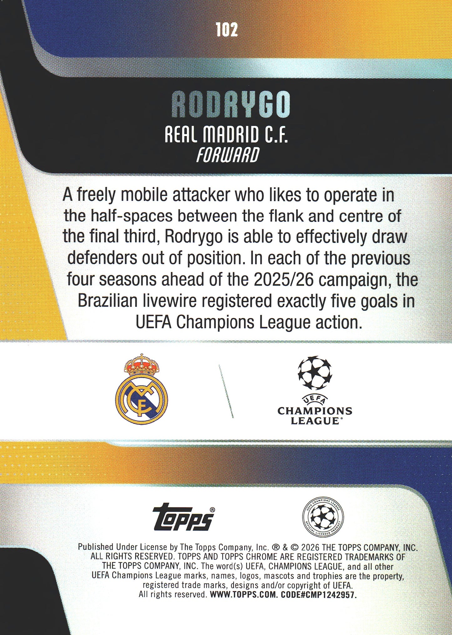 2025 Topps Chrome UCC Gold /50 Rodrygo #102 Real Madrid