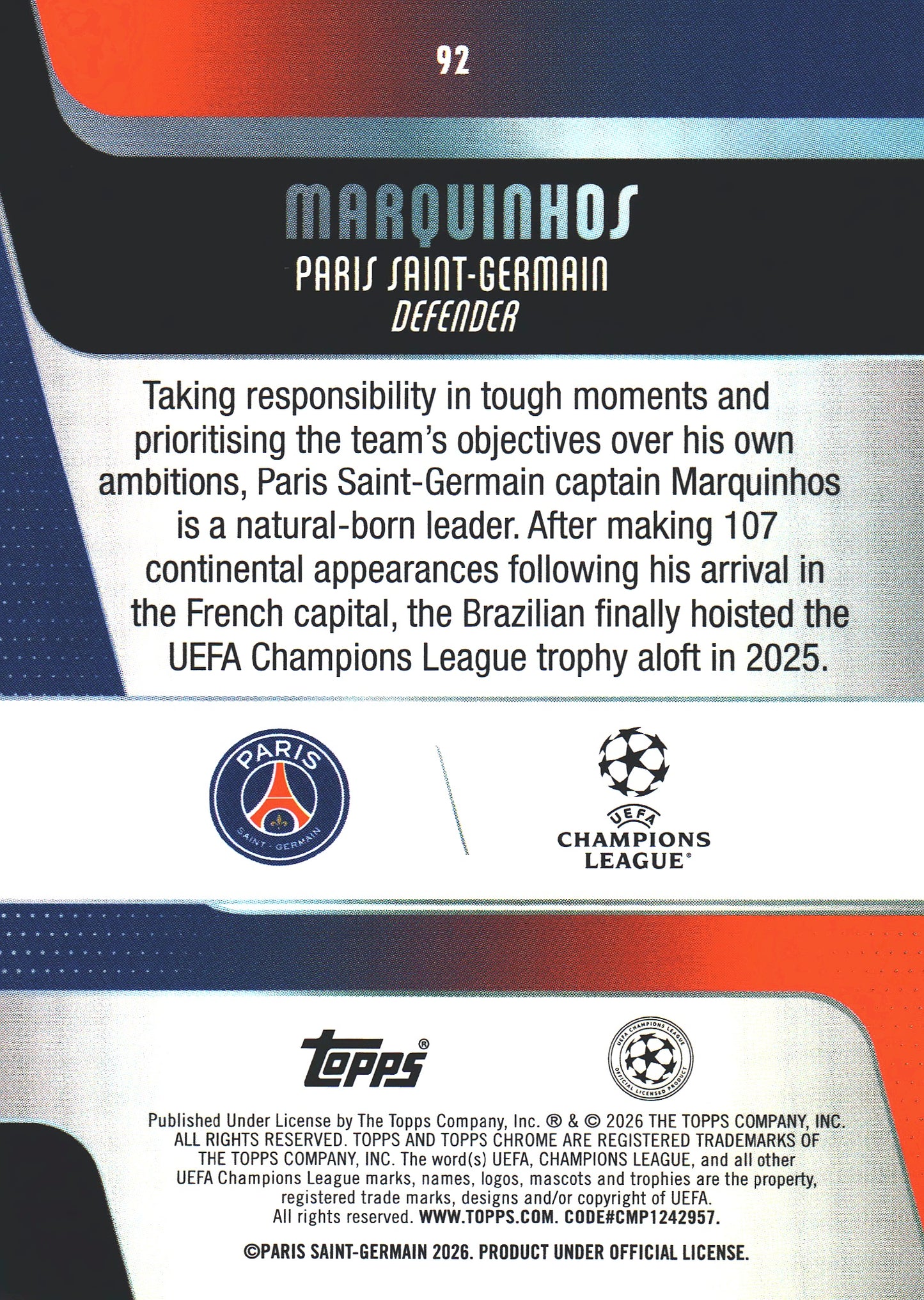 2025 Topps Chrome UCC Blue /299 Marquinhos #92 PSG