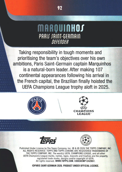 2025 Topps Chrome UCC Blue /299 Marquinhos #92 PSG