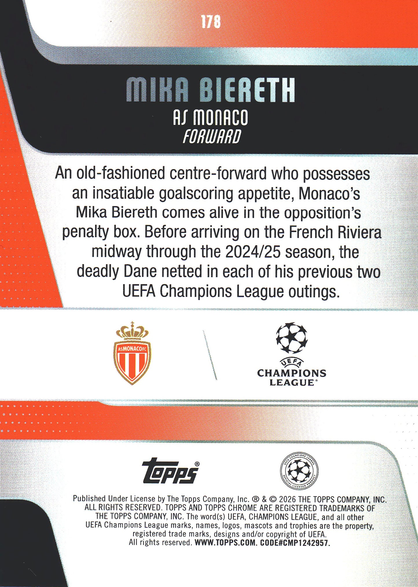 2025 Topps Chrome UCC Pink /250 Mika Biereth #178 AS Monaco