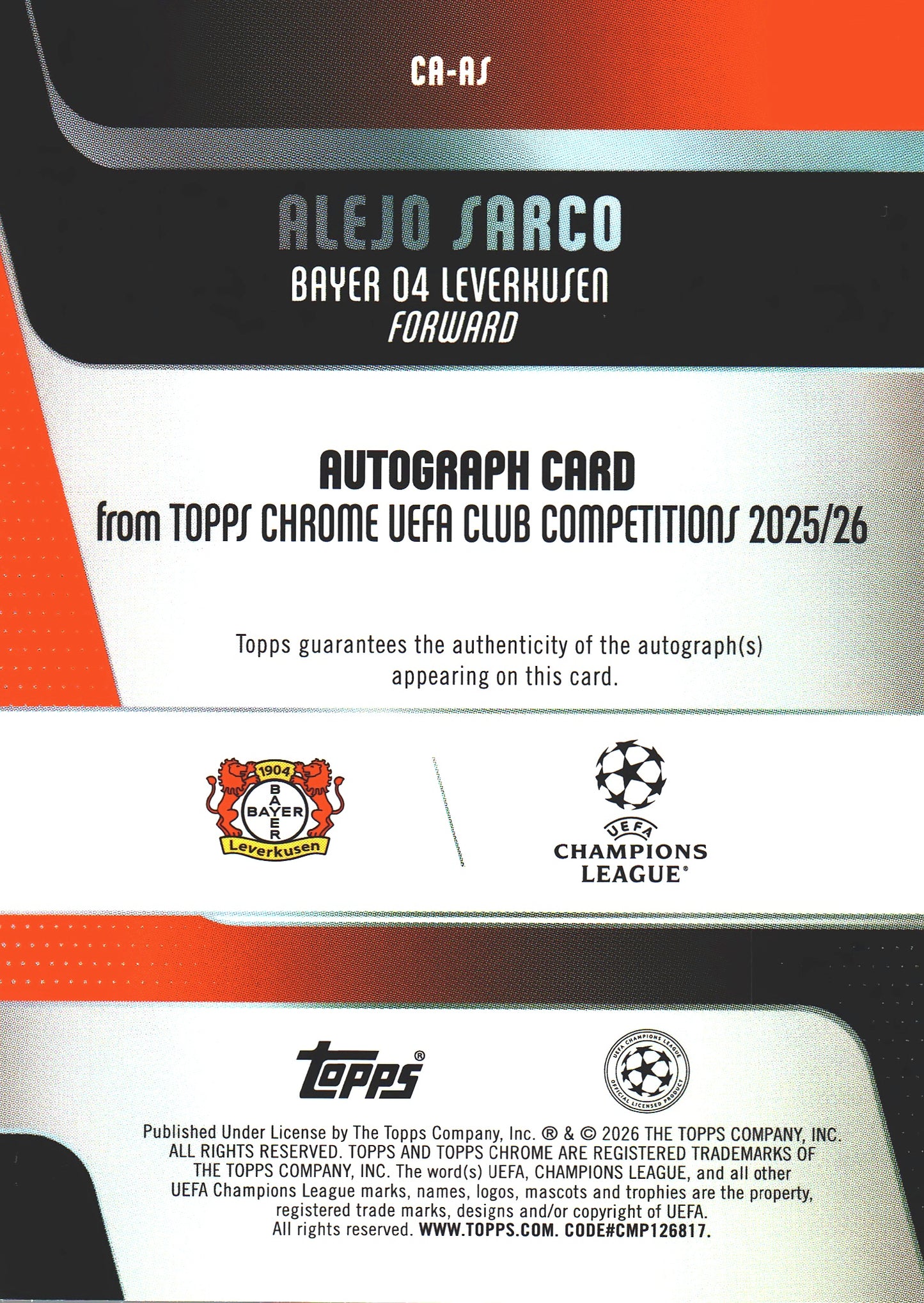 2025 Topps Chrome UCC Auto RC Alejo Sarco #CA-AS Bayer Leverkusen