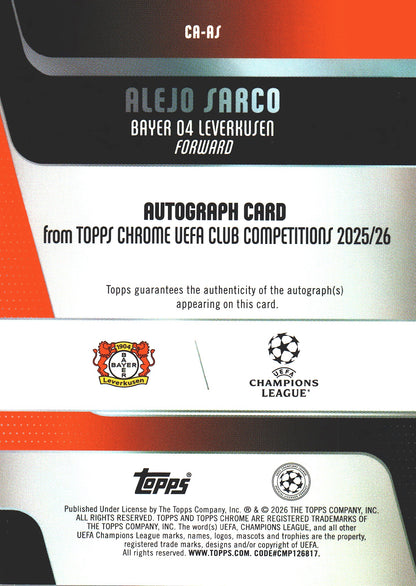 2025 Topps Chrome UCC Auto RC Alejo Sarco #CA-AS Bayer Leverkusen