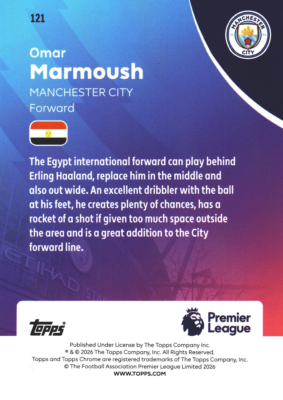 2025 Topps Chrome Sapphire PL /99 Omar Marmoush #121 Manchester City