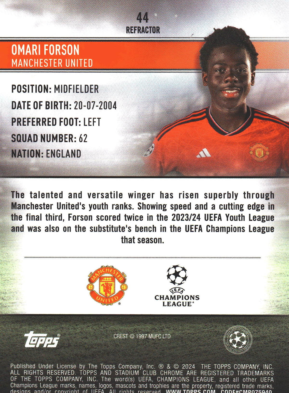 2023 Topps Stadium Club Chrome UCC Refractor RC Omari Forson #44 Manchester United