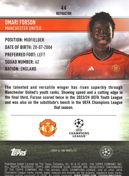 2023 Topps Stadium Club Chrome UCC Refractor RC Omari Forson #44 Manchester United