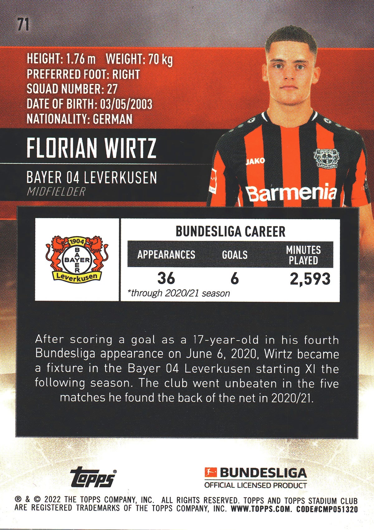 2021 Topps Stadium Club Chrome Bundesliga RC Florian Wirtz #71 Bayer Leverkusen